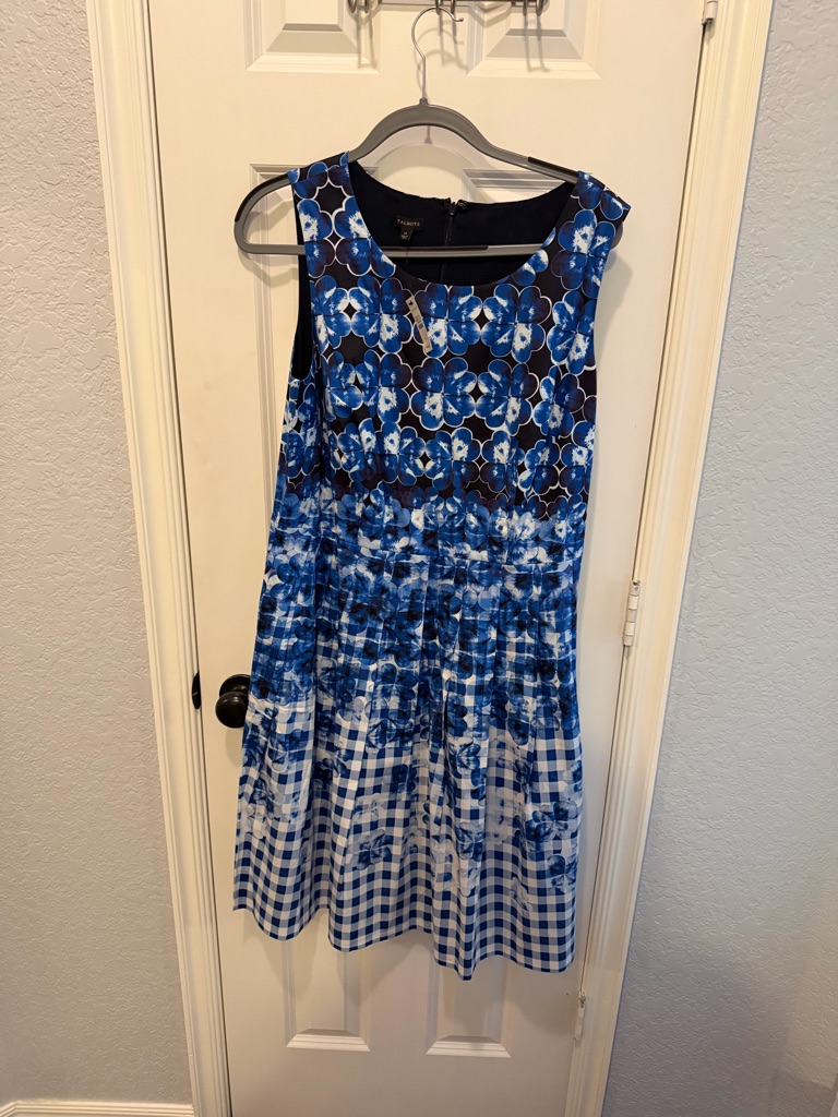 Talbots Blue Floral Gingham Fit-And-Flare Dress Nwt Size 14